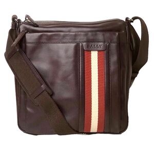 BALLY Brown Calfskin Top Zip Crossbody Messenger Shoulder Bag Striped Strap
